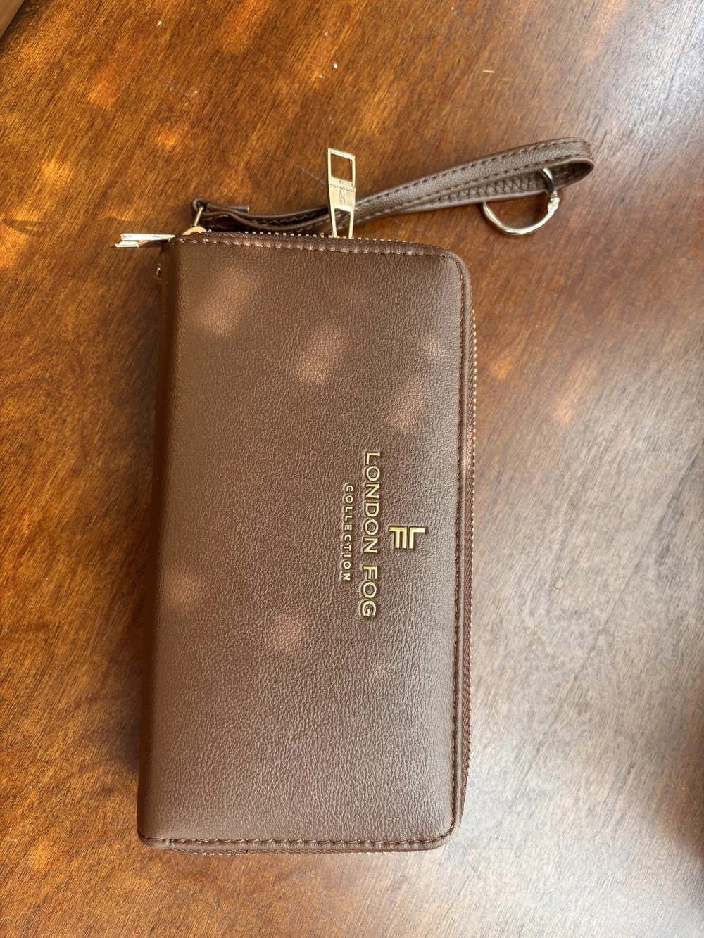 London Fog Chestnut Brown Zip-Around Wristlet Wallet with Gold Accent
